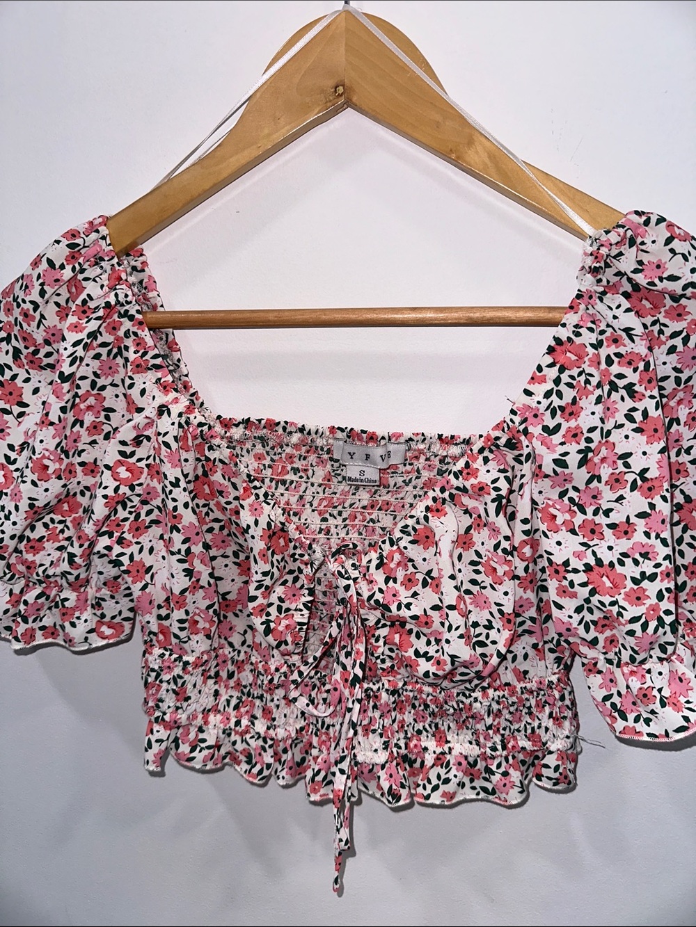 HYFVE Pink Floral Smocked Crop Top with Puff Sleeves